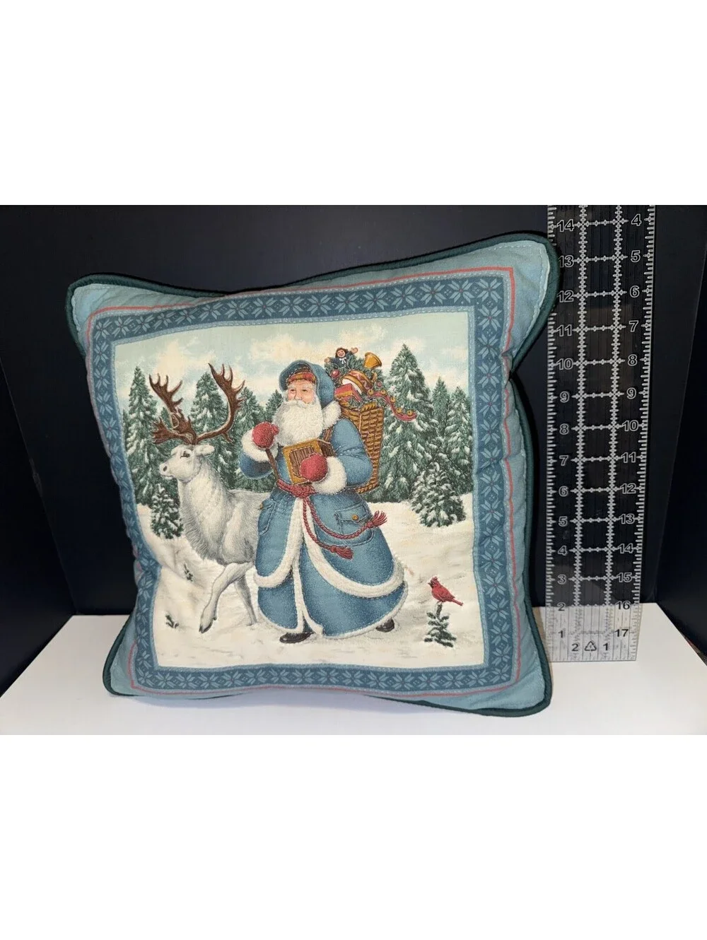 Beautiful Christmas Pillow With Santa And Reindeer Winter Scene 14 x 14